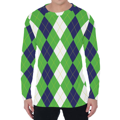 White Navy And Green Argyle Print Men's Long Sleeve T-Shirt