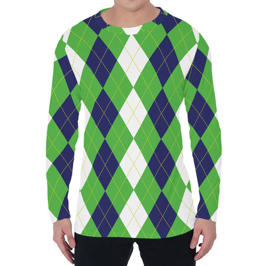 White Navy And Green Argyle Print Men's Long Sleeve T-Shirt