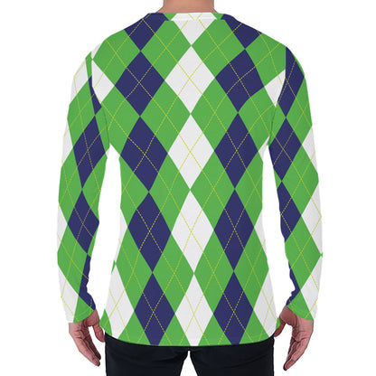 White Navy And Green Argyle Print Men's Long Sleeve T-Shirt