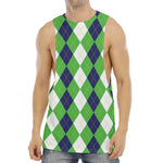 White Navy And Green Argyle Print Men's Muscle Tank Top