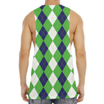 White Navy And Green Argyle Print Men's Muscle Tank Top