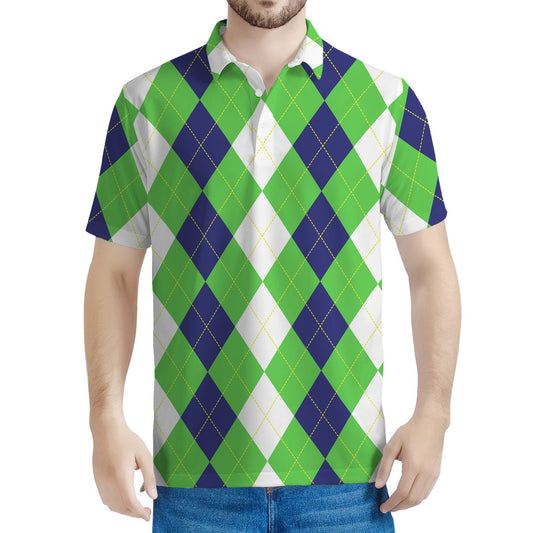 White Navy And Green Argyle Print Men's Polo Shirt