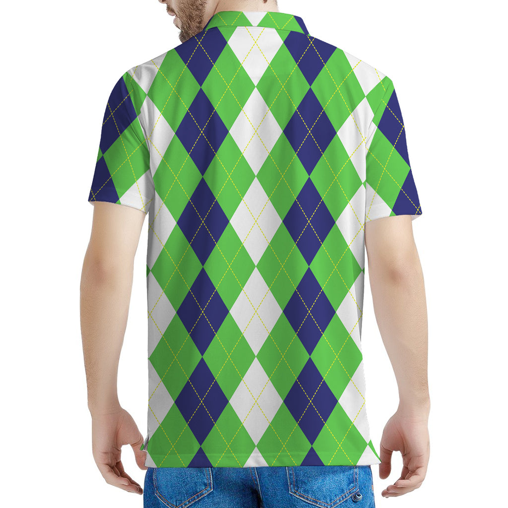 White Navy And Green Argyle Print Men's Polo Shirt