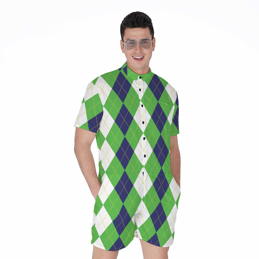 White Navy And Green Argyle Print Men's Rompers