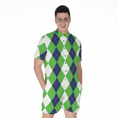 White Navy And Green Argyle Print Men's Rompers