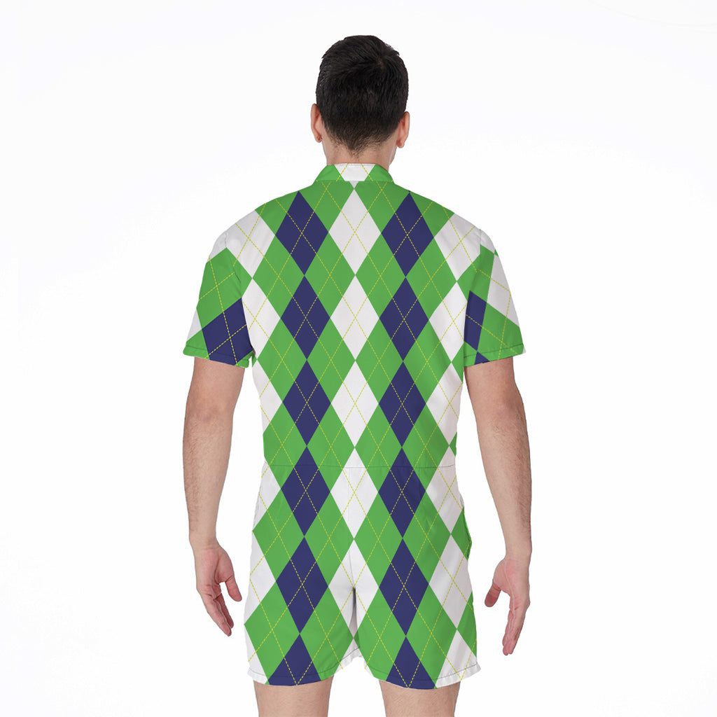 White Navy And Green Argyle Print Men's Rompers