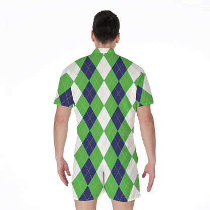 White Navy And Green Argyle Print Men's Rompers