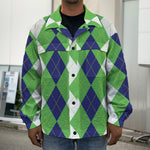 White Navy And Green Argyle Print Men's Shirt Jacket