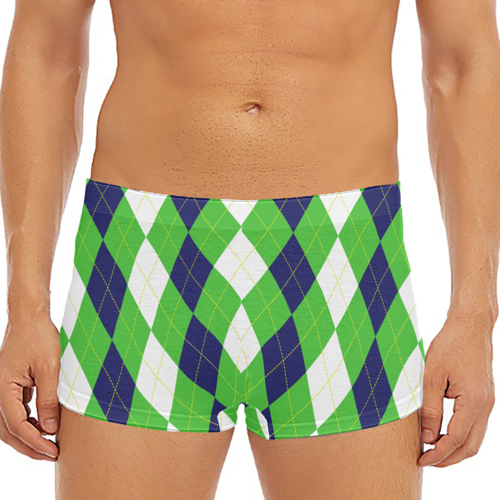 White Navy And Green Argyle Print Men's Short Boxer Briefs