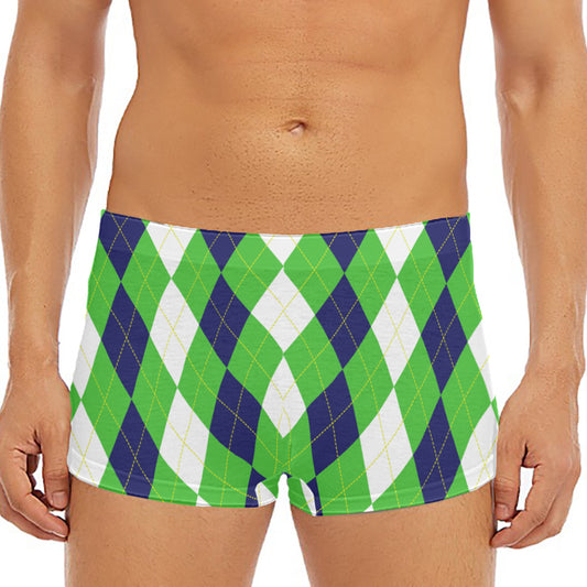 White Navy And Green Argyle Print Men's Short Boxer Briefs