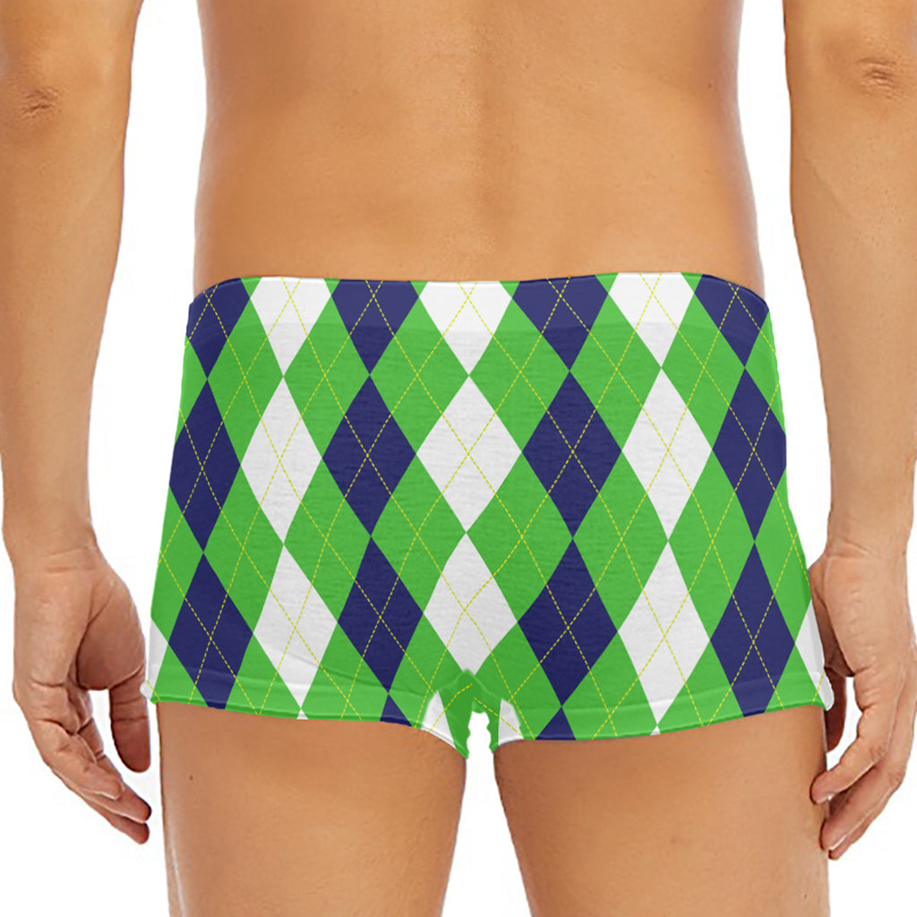 White Navy And Green Argyle Print Men's Short Boxer Briefs