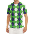 White Navy And Green Argyle Print Men's Short Sleeve Rash Guard