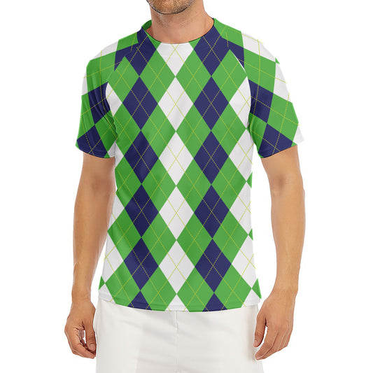 White Navy And Green Argyle Print Men's Short Sleeve Rash Guard