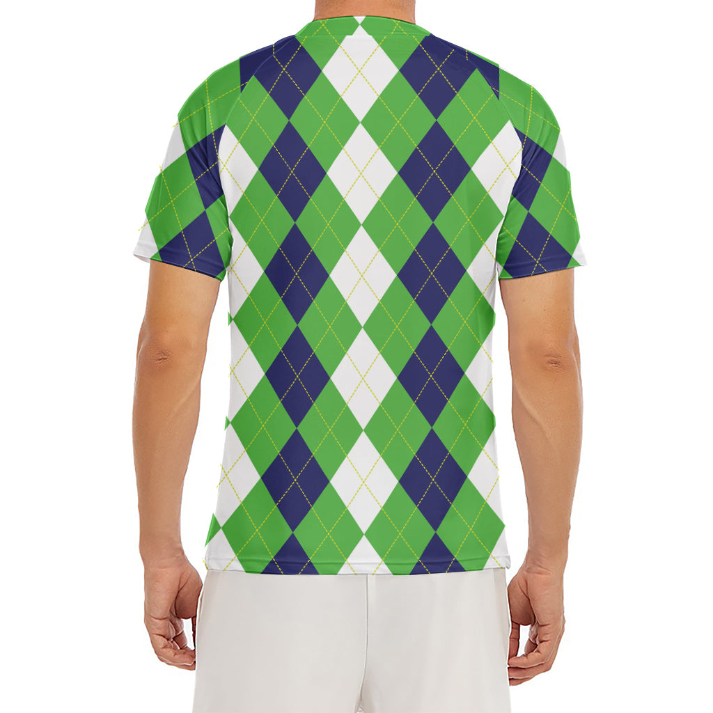 White Navy And Green Argyle Print Men's Short Sleeve Rash Guard