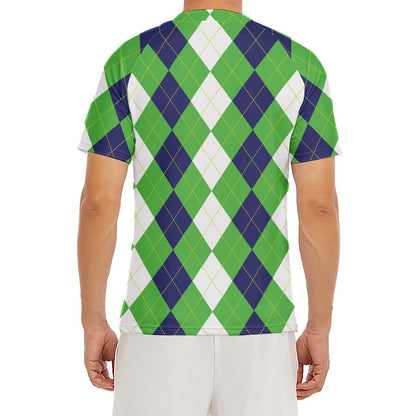 White Navy And Green Argyle Print Men's Short Sleeve Rash Guard
