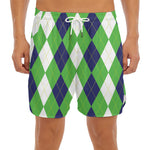 White Navy And Green Argyle Print Men's Split Running Shorts