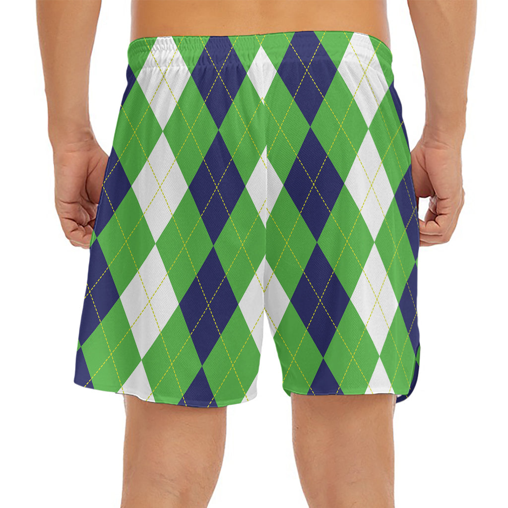 White Navy And Green Argyle Print Men's Split Running Shorts