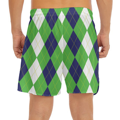 White Navy And Green Argyle Print Men's Split Running Shorts