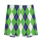 White Navy And Green Argyle Print Men's Sports Shorts