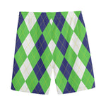 White Navy And Green Argyle Print Men's Sports Shorts