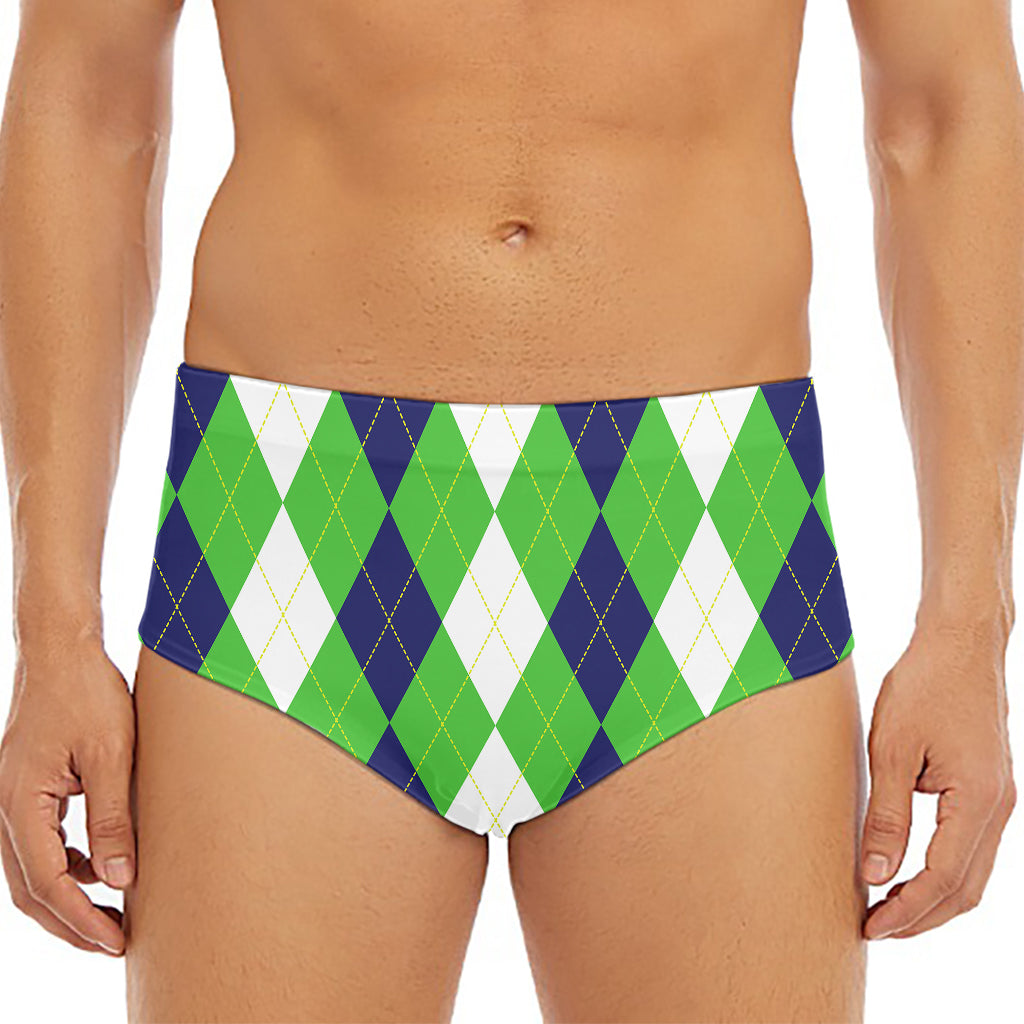 White Navy And Green Argyle Print Men's Triangle Swim Briefs