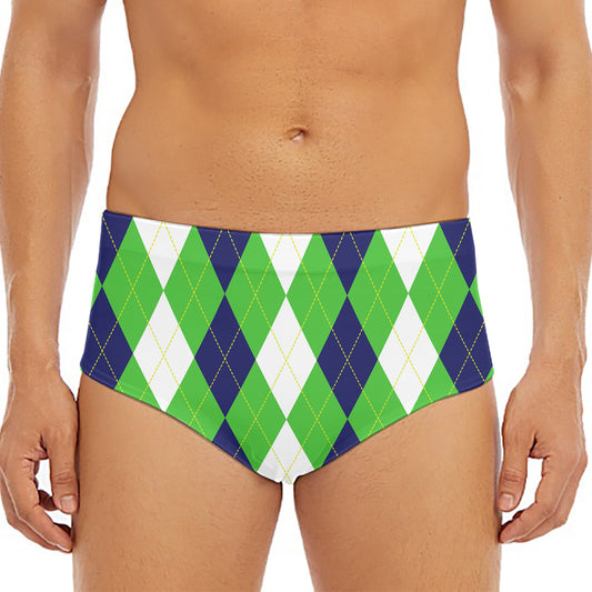 White Navy And Green Argyle Print Men's Triangle Swim Briefs