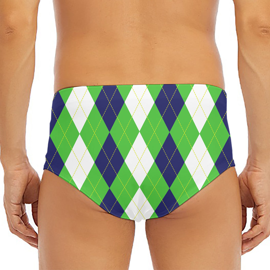 White Navy And Green Argyle Print Men's Triangle Swim Briefs