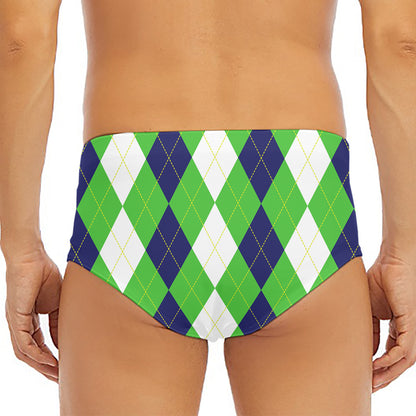 White Navy And Green Argyle Print Men's Triangle Swim Briefs