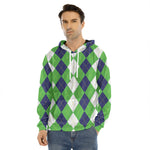 White Navy And Green Argyle Print Men's Velvet Pullover Hoodie