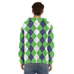 White Navy And Green Argyle Print Men's Velvet Pullover Hoodie