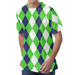 White Navy And Green Argyle Print Men's Velvet T-Shirt