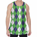 White Navy And Green Argyle Print Men's Velvet Tank Top