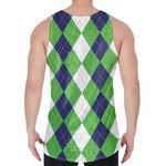 White Navy And Green Argyle Print Men's Velvet Tank Top