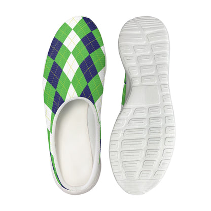 White Navy And Green Argyle Print Mesh Casual Shoes