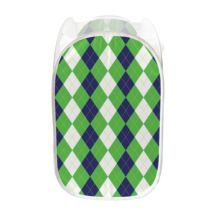 White Navy And Green Argyle Print Mesh Laundry Hamper