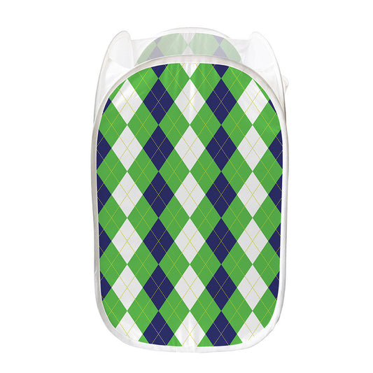 White Navy And Green Argyle Print Mesh Laundry Hamper
