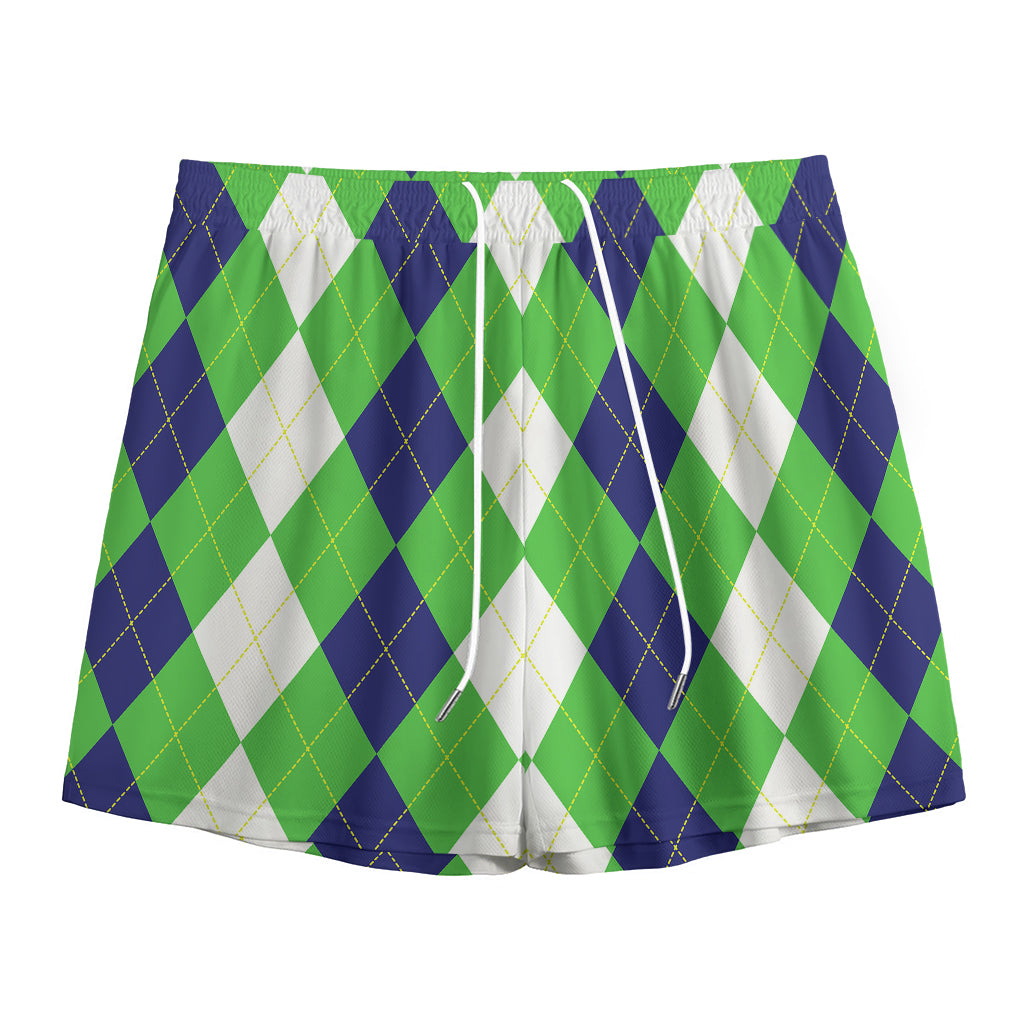 White Navy And Green Argyle Print Mesh Shorts