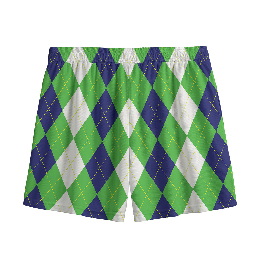 White Navy And Green Argyle Print Mesh Shorts
