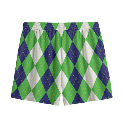 White Navy And Green Argyle Print Mesh Shorts