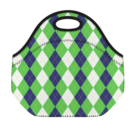 White Navy And Green Argyle Print Neoprene Lunch Bag
