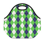 White Navy And Green Argyle Print Neoprene Lunch Bag
