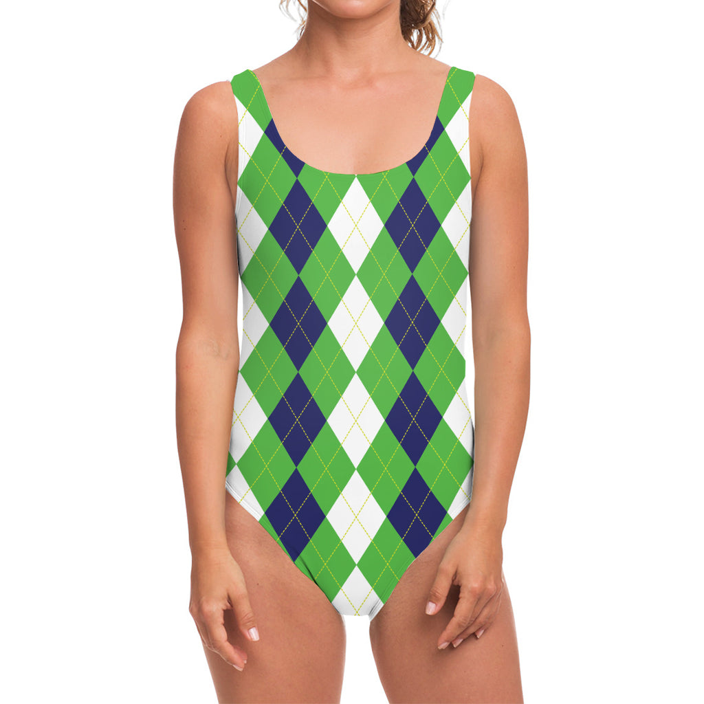 White Navy And Green Argyle Print One Piece Swimsuit