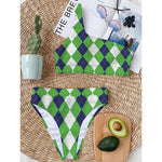 White Navy And Green Argyle Print One Shoulder Bikini Top