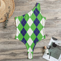 White Navy And Green Argyle Print One Shoulder Bodysuit