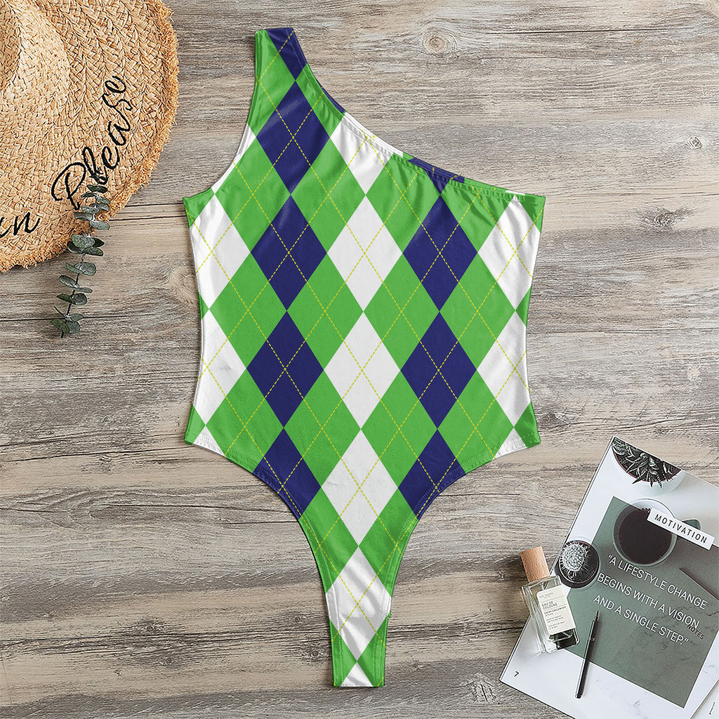 White Navy And Green Argyle Print One Shoulder Bodysuit