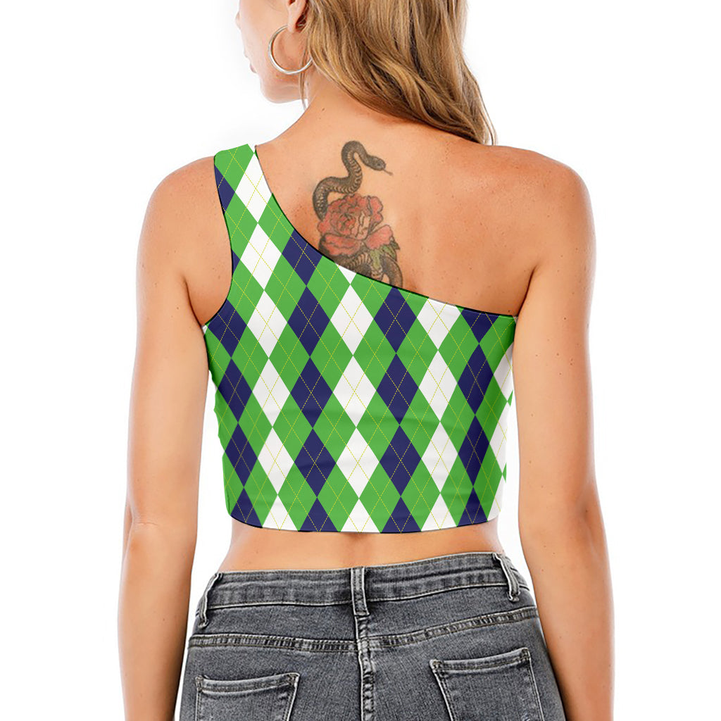 White Navy And Green Argyle Print One Shoulder Crop Top