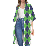 White Navy And Green Argyle Print Open Front Beach Cover Up