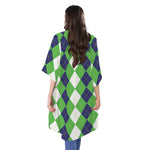White Navy And Green Argyle Print Open Front Beach Cover Up