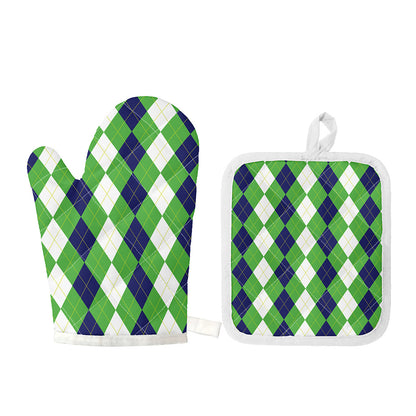 White Navy And Green Argyle Print Oven Mitt And Pot Holder Set