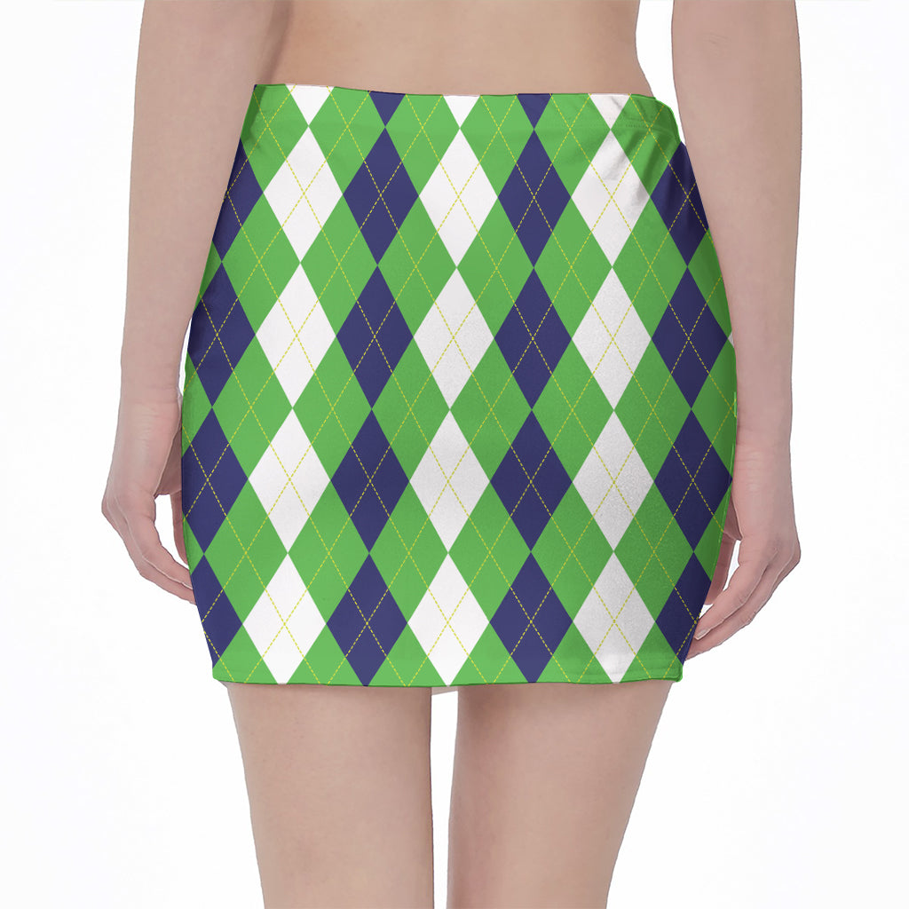 White Navy And Green Argyle Print Pencil Mini Skirt